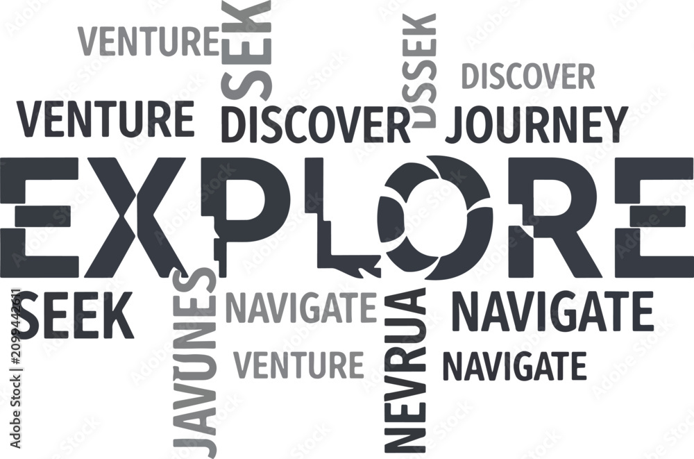 Obraz premium Explore word cloud with related terms like discover journey seek navigate venture.