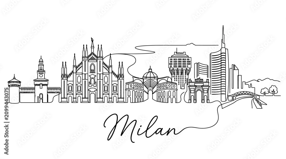 Obraz premium Line Art Illustration of Milan's Iconic Skyline Featuring Historic Monuments and Modern Skyscrapers