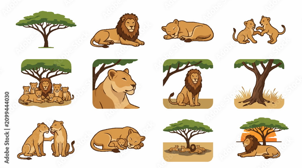 Obraz premium African safari landscape and wildlife halftone icons