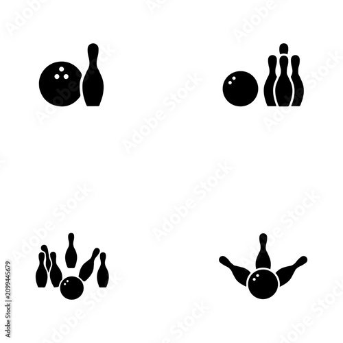Bowling symbols feature balls and pins arranged in several play styles for professional sports usage.