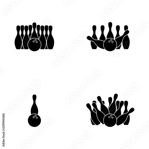 Bowling elements represent different game positions and pin configurations in a stylized black graphic.