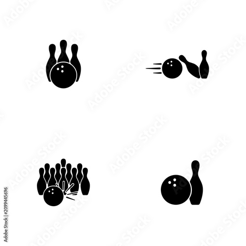 Bowling icons display various game scenarios including strikes and ball movements on white background.