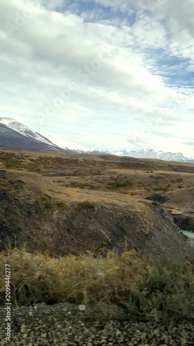 Cinematic view of mountains, rivers and pristine landscapes in Chilean Patagonia under daylight. Untouched wilderness with dramatic peaks, valleys and natural scenery in southern Chile.