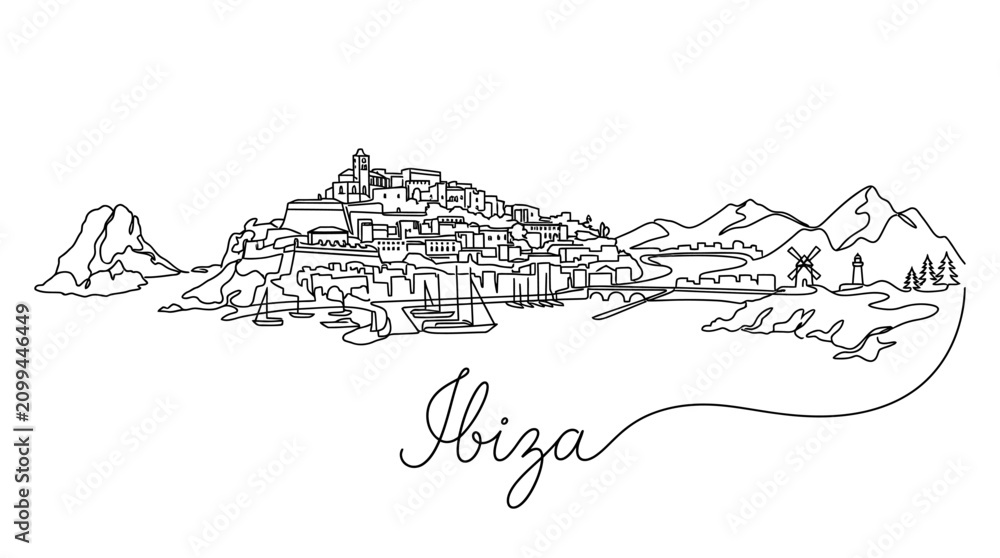 Fototapeta premium Minimalist Line Art Depiction of Ibiza Island's Coastal Landscape and Architectural Highlights