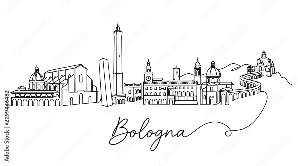 Obraz premium Minimalist Line Drawing of Bologna Skyline Featuring Historic Buildings and Landmarks in Black and White