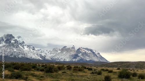 Cinematic view of mountains, rivers and pristine landscapes in Chilean Patagonia under daylight. Untouched wilderness with dramatic peaks, valleys and natural scenery in southern Chile.