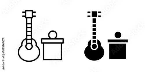 Busking icon in outline and solid style, isolated on white background. Ideal for street performance, music, entertainment, and artist related features in mobile and web design.
