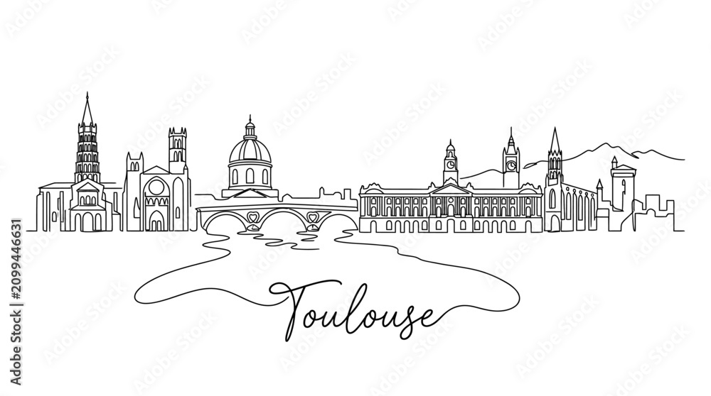 Fototapeta premium Minimalist Line Drawing of Toulouse Skyline Featuring Historic Buildings and Iconic Landmarks