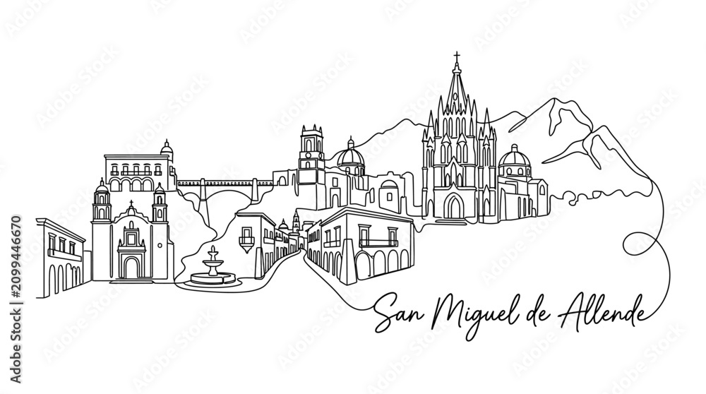 Naklejka premium Minimalist line art illustration depicting the iconic skyline of San Miguel de Allende with historic architecture and