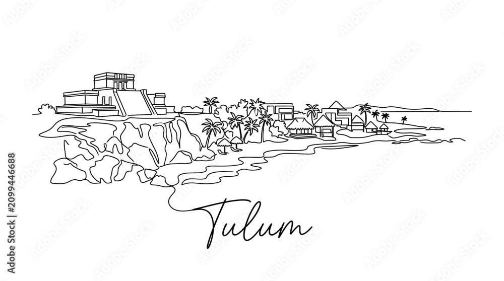 Fototapeta premium Minimalist Line Drawing of Tulum Coastal Scene Highlighting Modern Architecture and Tropical Landscape