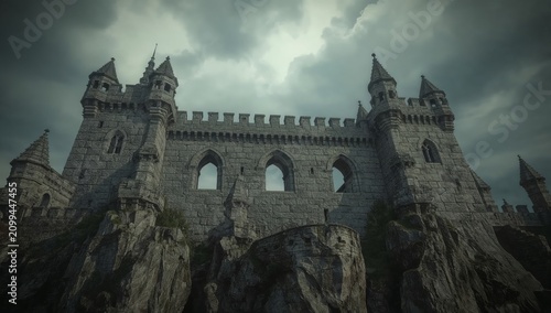 Castle Stands on Rocky Cliff Under Cloudy Sky in a Fantasy Landscape
