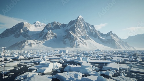Icebergs Float in a Calm Sea Near Tall Mountains in a Bright Daylight Scene