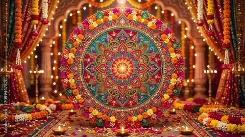 Vibrant Indian Festival Decoration with Intricate Mandala and Marigold Garlands.