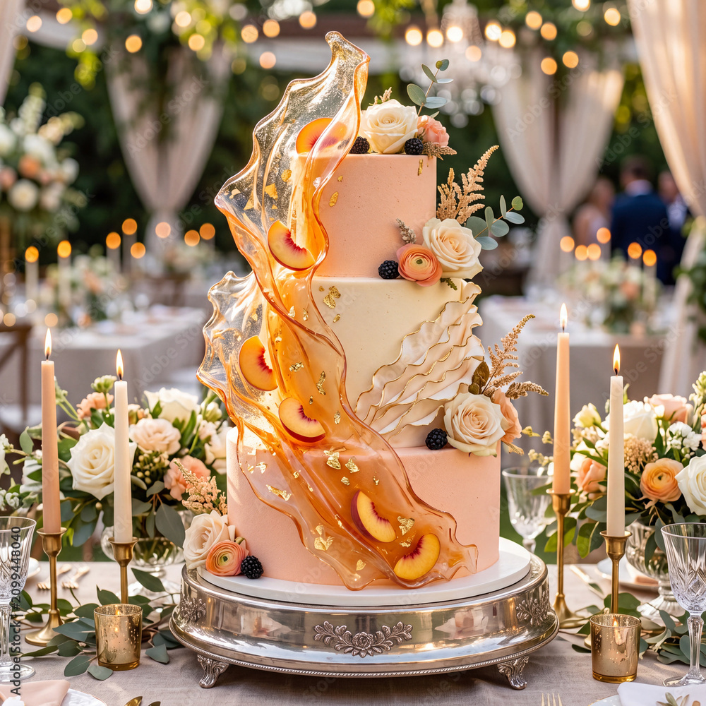 Fototapeta premium Luxury Pastel Peach Wedding Cake with Translucent Sugar Glass Wave and Gold Leaf