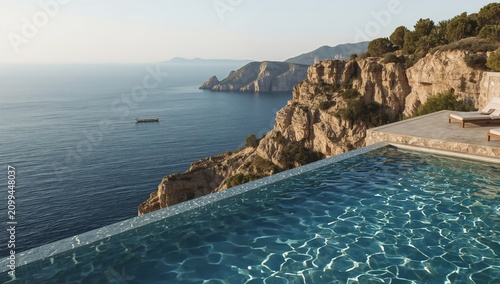 Beautiful View of a Pool Overlooking a Cliff and the Sea at Sunset in a Coast...