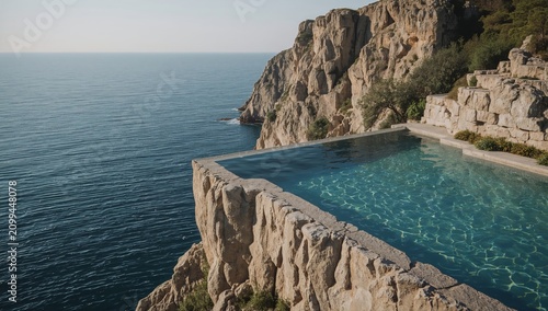 View of a Pool at the Edge of a Cliff Near the Sea During Sunset