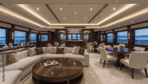 Luxury Yacht Interior With Large Windows and Modern Furniture in Evening Light