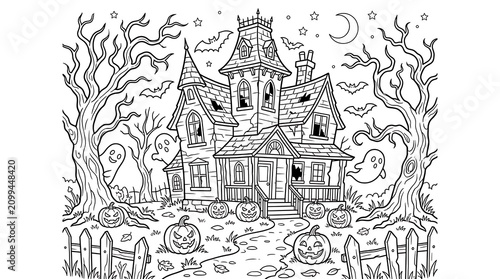 Haunted house Halloween coloring page with ghosts and pumpkins.