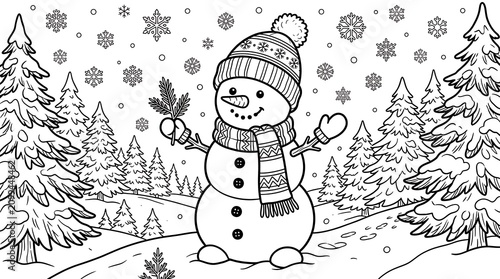 Black and white coloring page featuring a cute snowman standing in a snowy winter forest landscape.