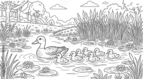 Mother duck and ducklings swimming in a pond surrounded by reeds and lily pads.