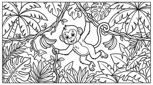 Cute monkey hanging from a branch with bananas in a jungle setting.