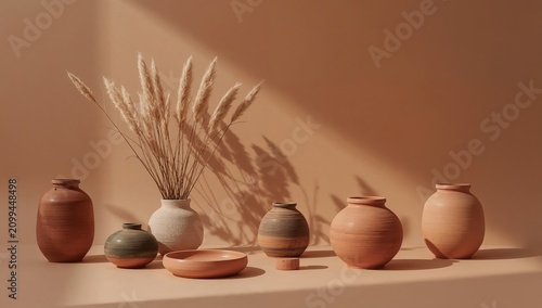 Decorative Pottery and Dried Plants on a Simple Background in a Warm and Invi...
