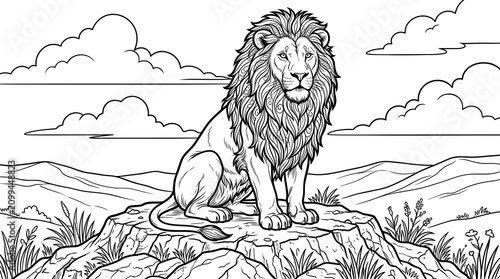 Majestic lion sitting on a rock in a savanna landscape.