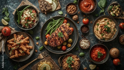 Assorted Dishes on Table With Fresh Ingredients and Various Cuisines Displaye...