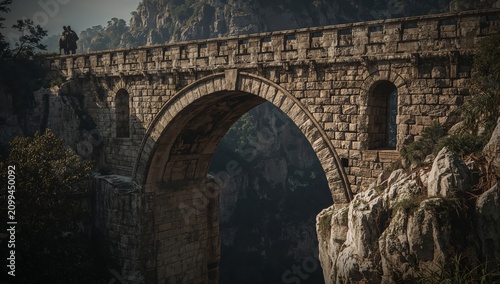 Historic Stone Bridge Spans Chasm With Two Figures Crossing Above Lush Forest...
