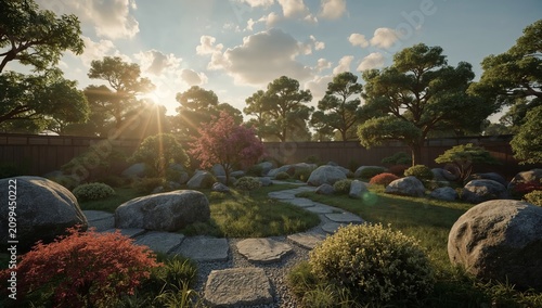 Garden Scene With Sun Shining Through Trees and Rocks in the Background at Su...