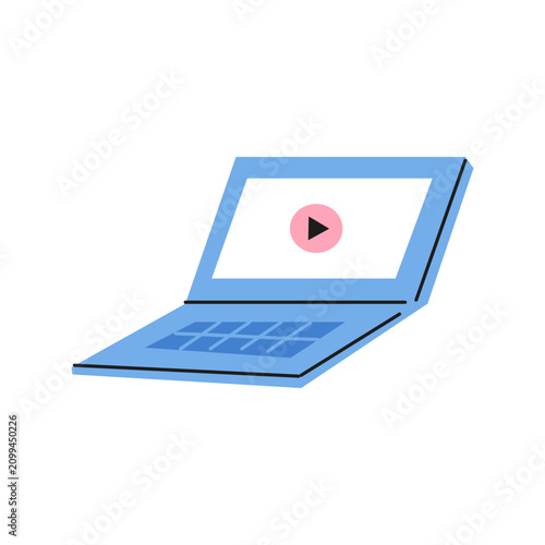 A cute illustration of a blue laptop with a play button on the screen. Simple icon for podcast, video content, online learning, streaming, media, and technology projects. Isolated on white