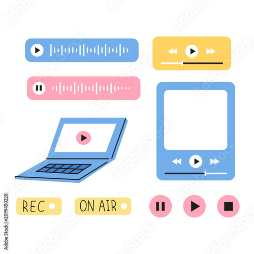 A cute set with audio player controls and media interface icons. Podcast, streaming, radio, music concept. Sound wave, play, pause, stop buttons, laptop. Isolated on white