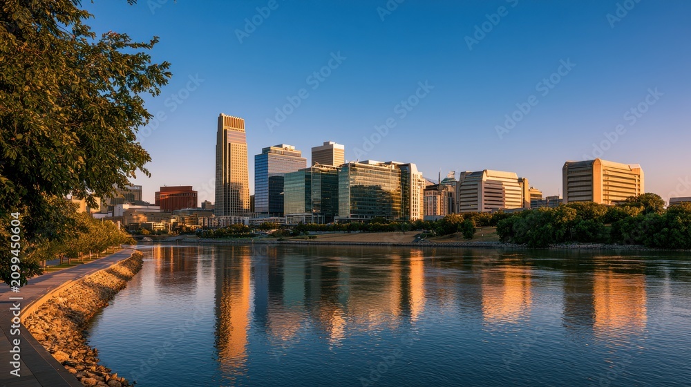 Fototapeta premium Summer cityscape of Omaha’s downtown with glass towers and blue sky