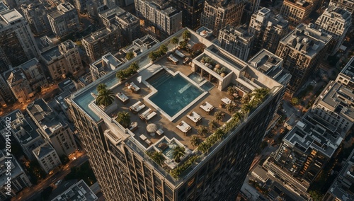 Rooftop Pool Area in a Modern Building Located in a City During Sunset