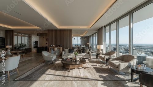 Modern Living Room in a High-Rise Building With Sunset View and Dining Area