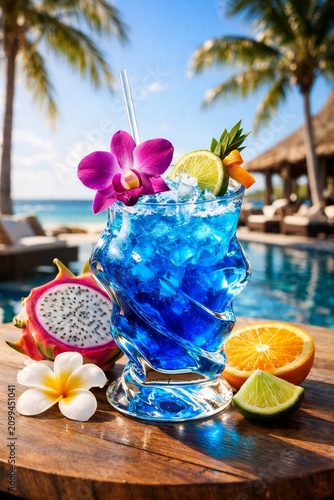 Blue tropical cocktail by a resort poolside, summer vacation scene