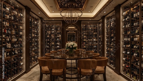 Wine Cellar With Wooden Chairs and Table Inside a Stylish Room in the Evening