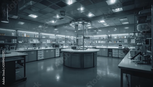 Modern Lab With Workstations and Equipment for Scientific Activities at Dusk