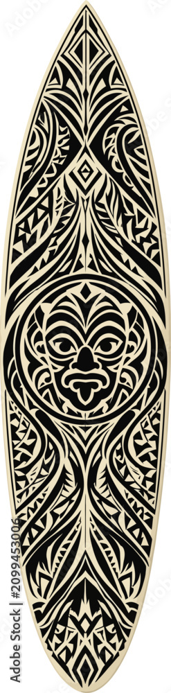 Fototapeta premium A Polynesian tribal surfboard illustration features intricate designs on a board