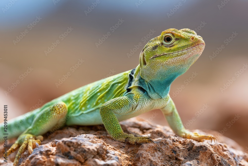 Fototapeta premium Male Eastern Collared Lizard basking on sunlit desert rock with bold neck bands