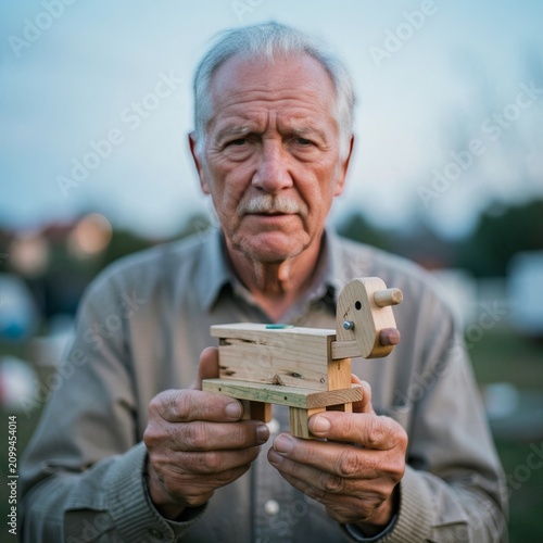 Senior Artisan Holding Handmade Wooden Toy.