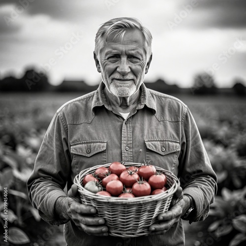 Senior Farmer Holding Apple Basket in Orchard.