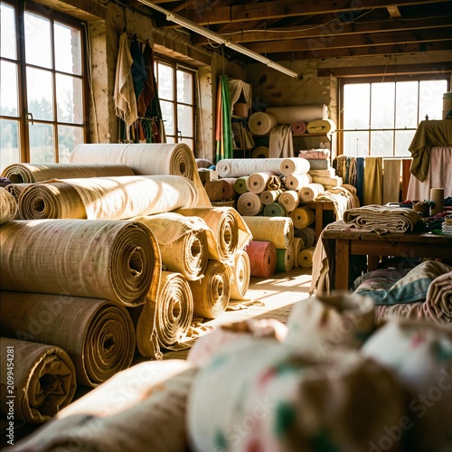 Sunlit Textile Rolls in Vintage Workshop.