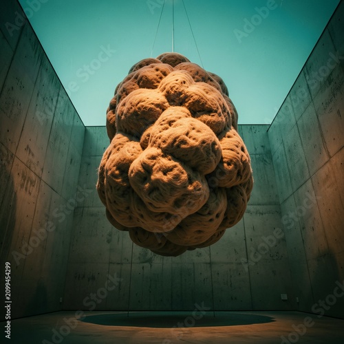 Surreal Floating Sculpture in Teal Chamber.