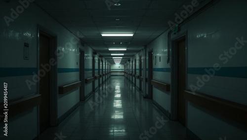 Dimly Lit Hospital Corridor With Empty Rooms and Reflective Floor at Night