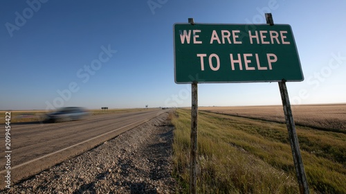 Roadside Sign Reading We Are Here To Help Along a Sunlit Highway