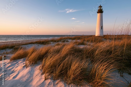 Old Baldy Lighthouse on Bald Head Island at golden hour, North Carolina coastline