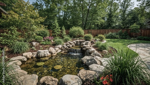 Garden With Pond and Rocks in a Residential Backyard During Daytime
