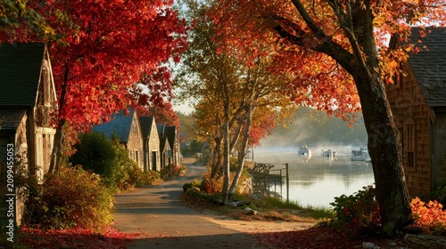 Serene Cape Cod Harbor at Autumn Dusk with Red, Gold Leaves