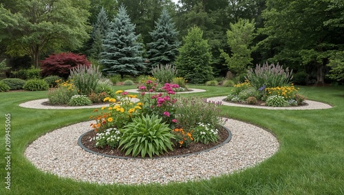 Garden Layout With Flower Beds and Gravel Pathways in a Backyard Setting